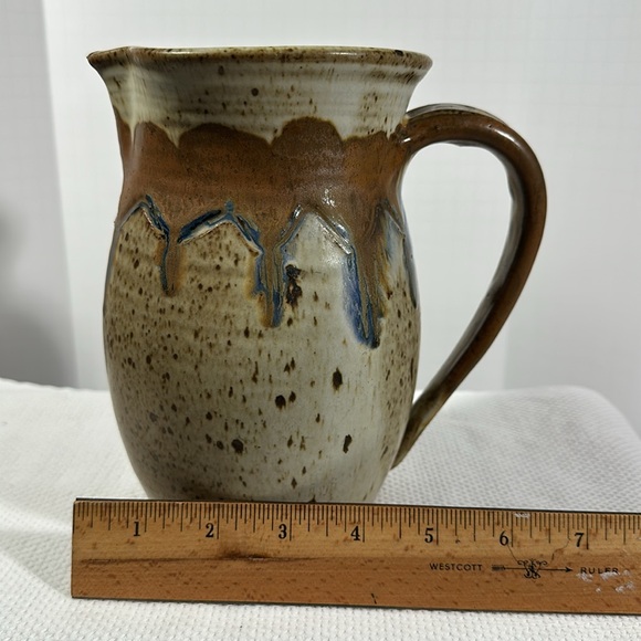 Rustic Brown & Beige Ceramic Pitcher Studio Pottery Hand Thrown Boho Decor - Picture 4 of 15